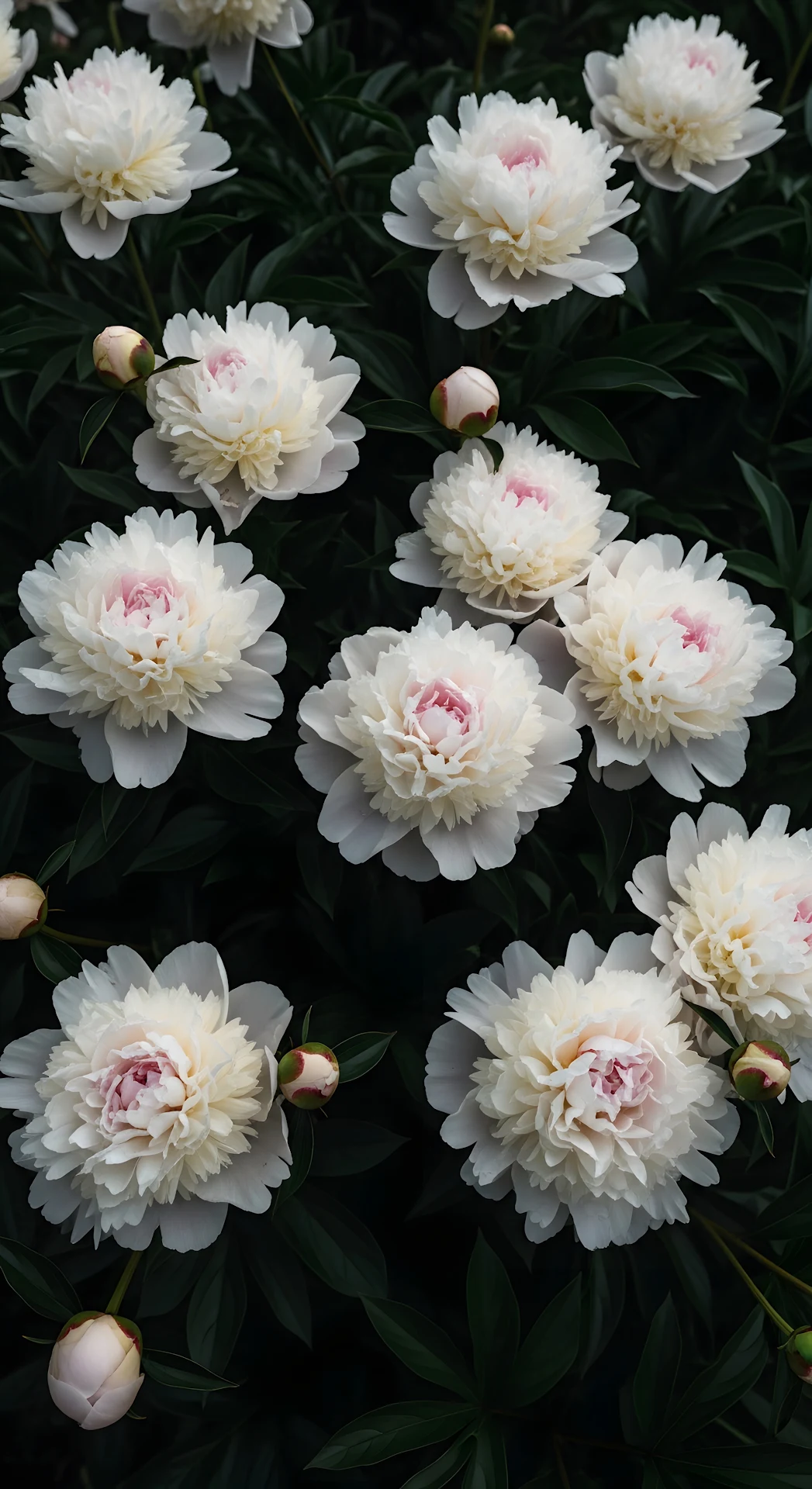 Vertical Close-up of Creamy White Peony Blooms and Buds Against Dark Green Leaves - Free 4K mobile Wallpaper