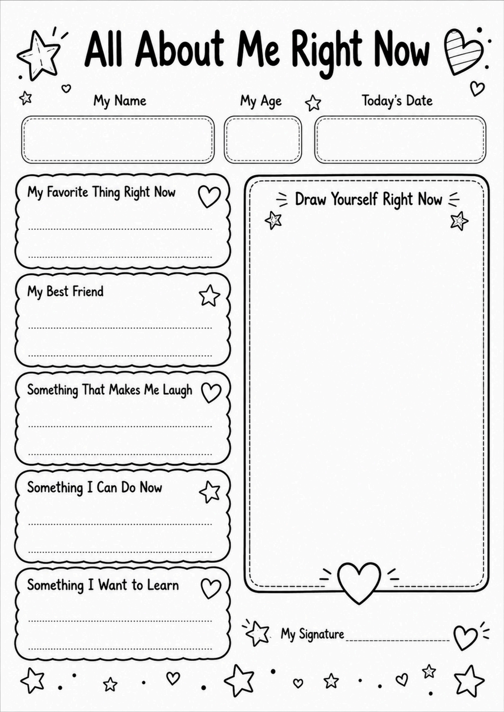All About Me Right Now Worksheet