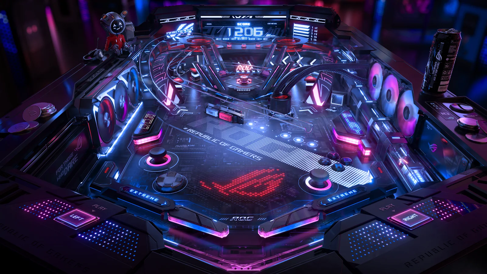 A Stunning Cgi, Neon, Pinball Machine, Republic Of Gamers, Asus 4K Desktop and Mobile Wallpaper Background (3840x2160)