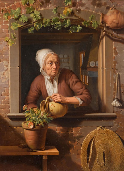 A Peasant Lady Watering A Flower Pot On A Wooden Table With A View Of The Interi