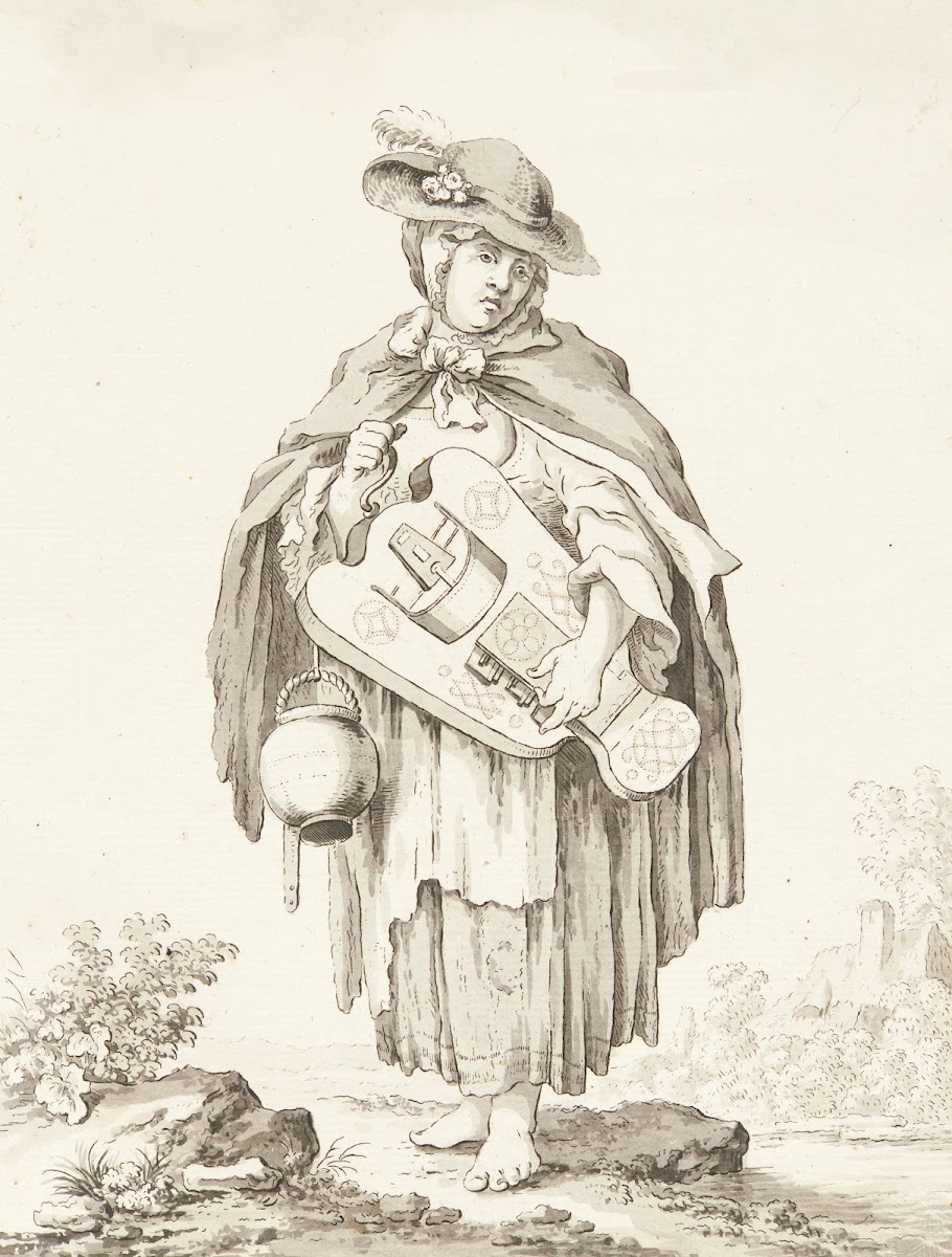 Bettlerin ein Musikinstrument spielend 1778