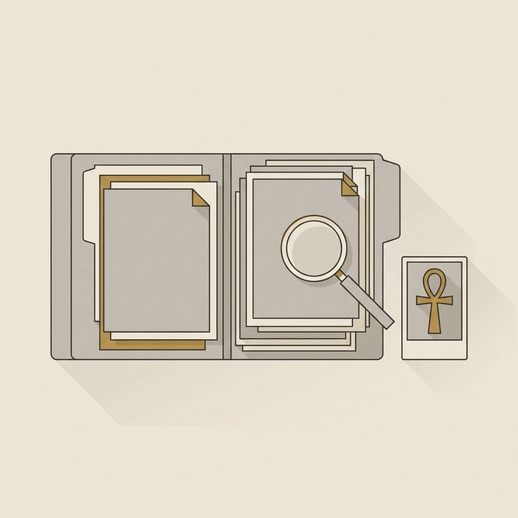 Minimalist vector illustration of a tidy desk with a collector folder scanned provenance papers magnifier and ankh amulet and a study labelled medieval cross necklace on a neutral Aurora Antiqua background