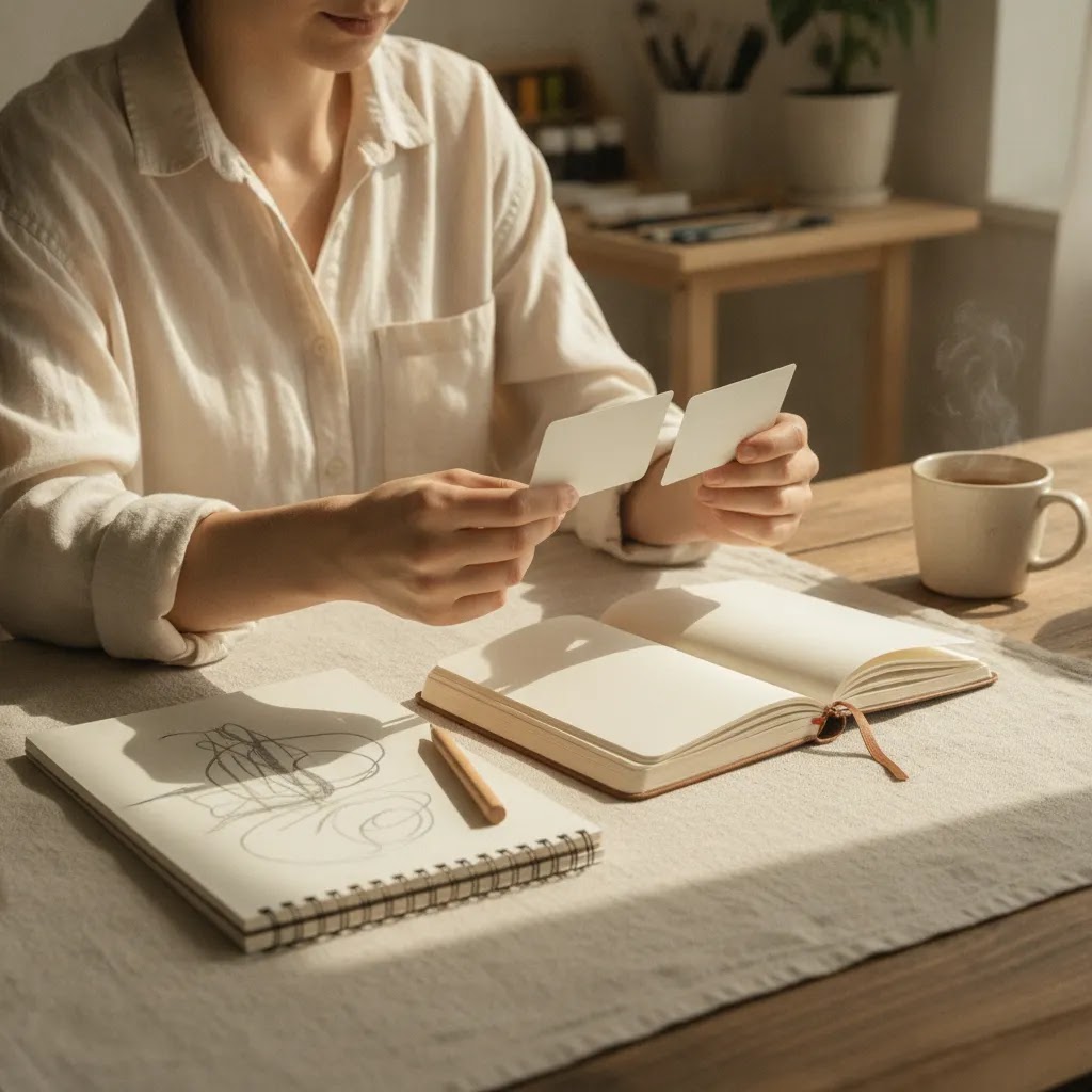 A calm choice-making moment at a table with creative and reflective tools