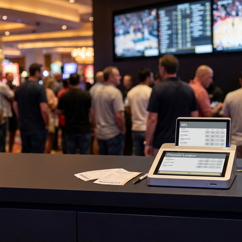 Close up retail sportsbook counter inside a casino with visible betting screens and a small crowd warm tones minimalist Funded Plays aesthetic mi sports betting