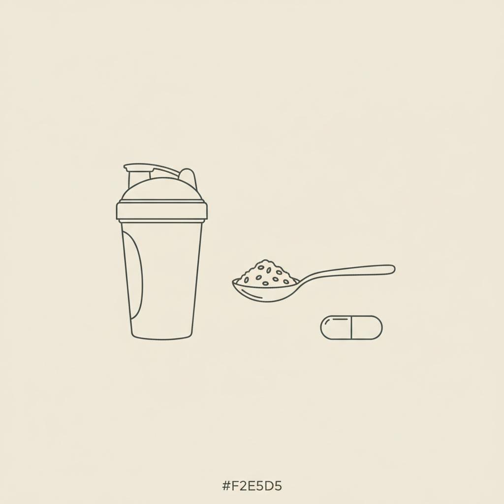 Minimalist vector line illustration of a shaker bottle, oats spoon, and capsule on beige background hinting supplement support for best protein powder for weight loss
