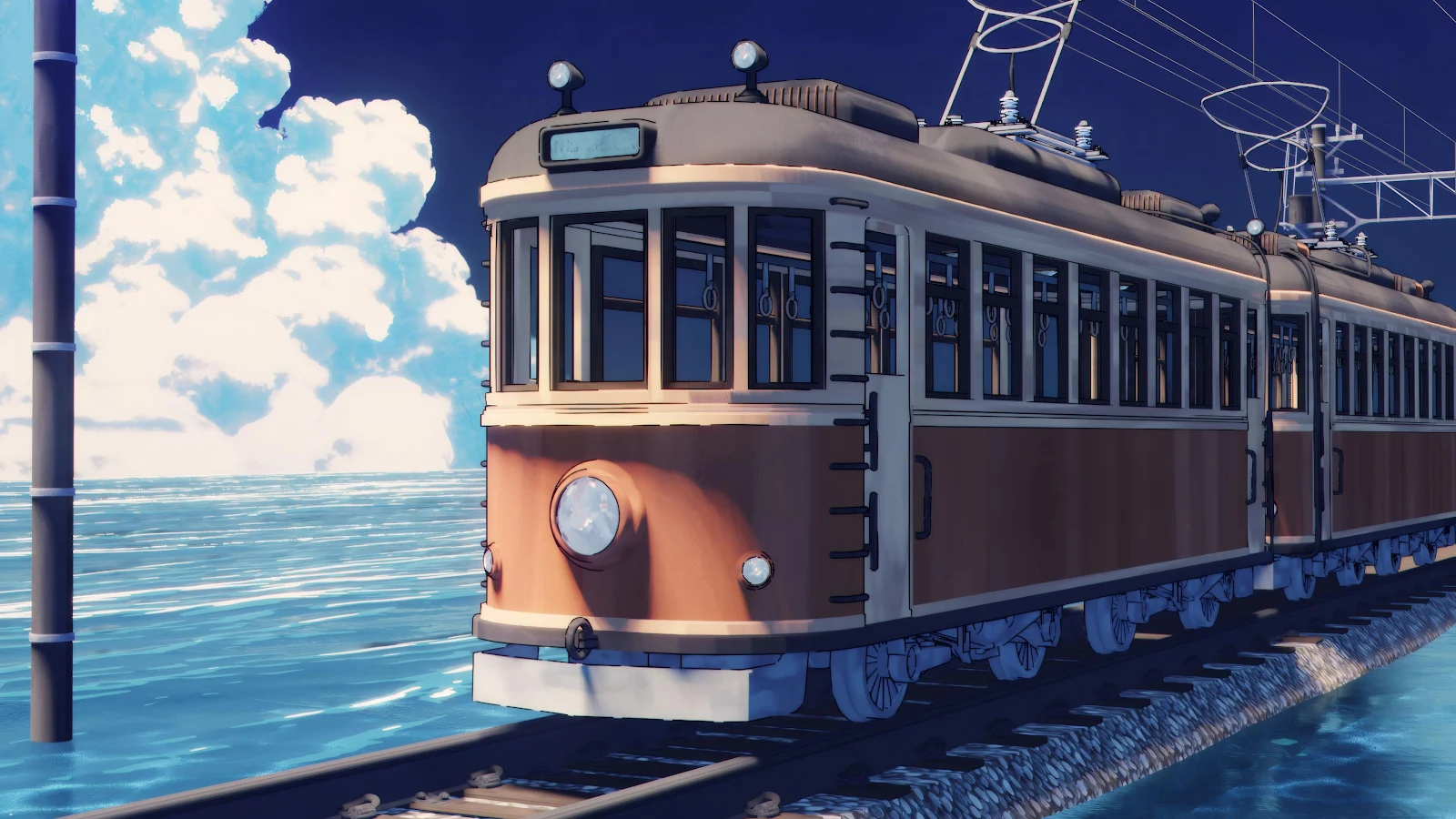 Vintage Train Over The Sea - Cel Shaded Art 4K Wallpaper (3840x2160)