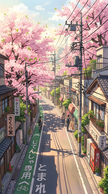 Anime Style Street Scene with Pink Cherry Blossoms and Japanese Road Markings - Free mobile Wallpaper