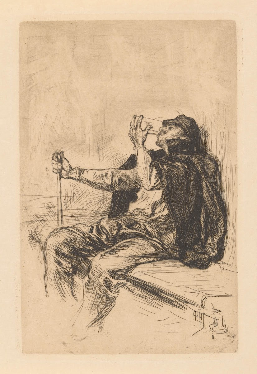 Drinking man with walking stick 19th century