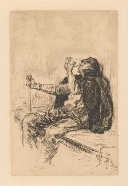 Drinking man with walking stick 19th century