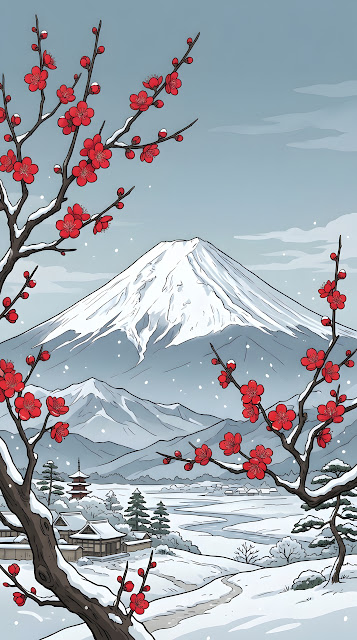 Japanese-Style Illustration of Red Blossoms and a Snowy Mountain Peak - Free mobile Wallpaper