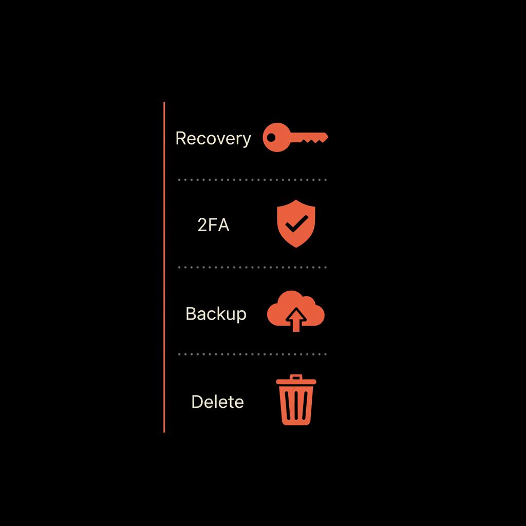 Minimal checklist infographic for old accounts hygiene showing recovery update, 2FA, backup, and delete on a black background using Social Success Hub brand colors