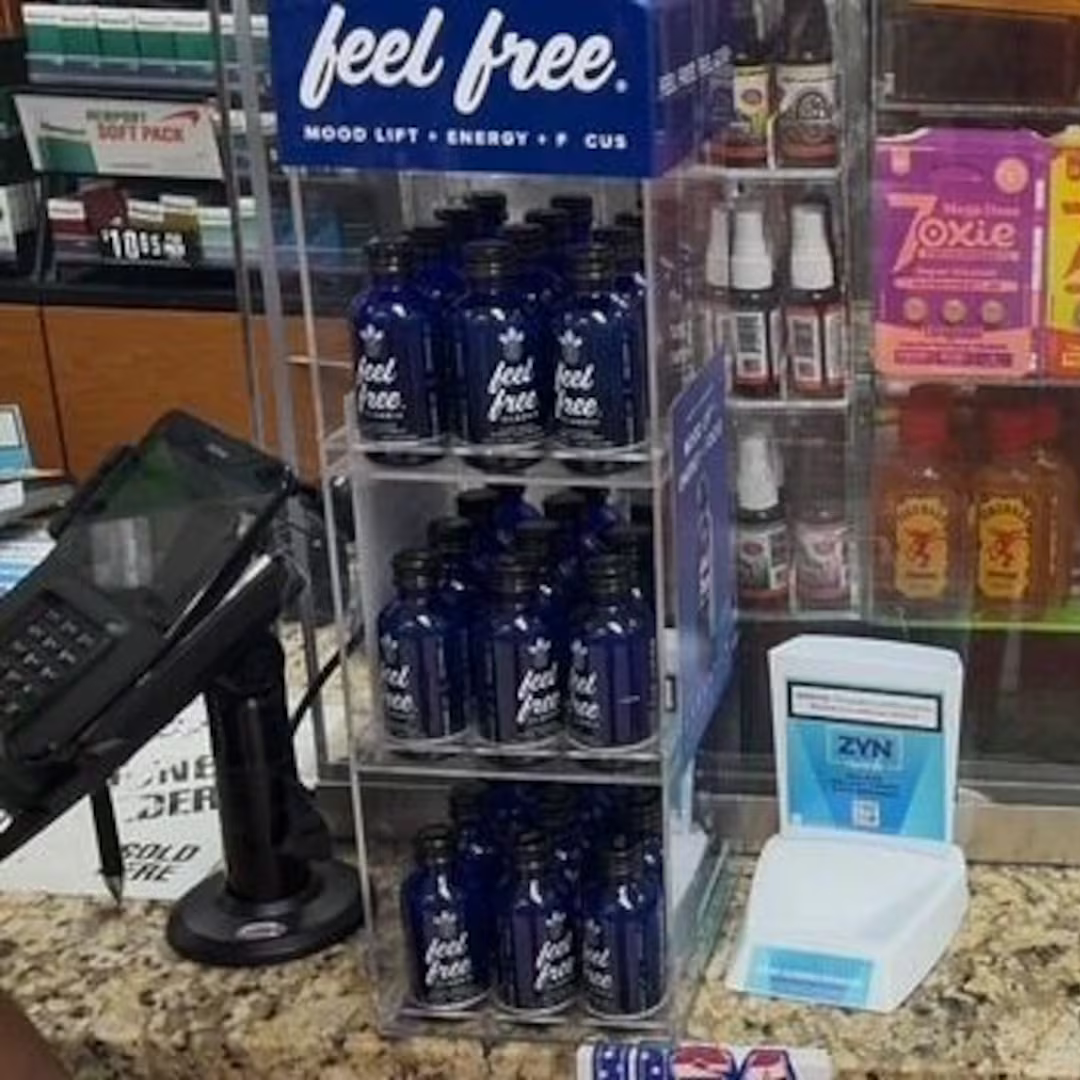 A gas-station shelf of kratom shots and Feel Free tonic