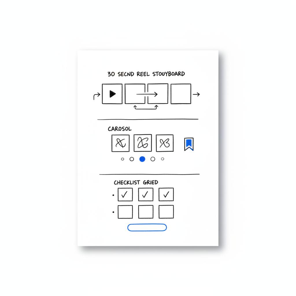 Vector notebook sketch showing a 30-second Reel storyboard, a carousel layout, and checklist grid in charcoal strokes with #1a5bfb CTA accents &mdash; 80/20 rule on Instagram