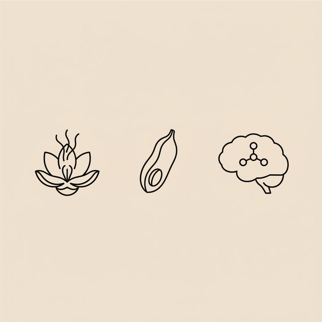 Minimalist Tonum-style line icons of a saffron crocus, a Griffonia seed pod, and a brain with a serotonin molecule motif on beige background — best herb for serotonin