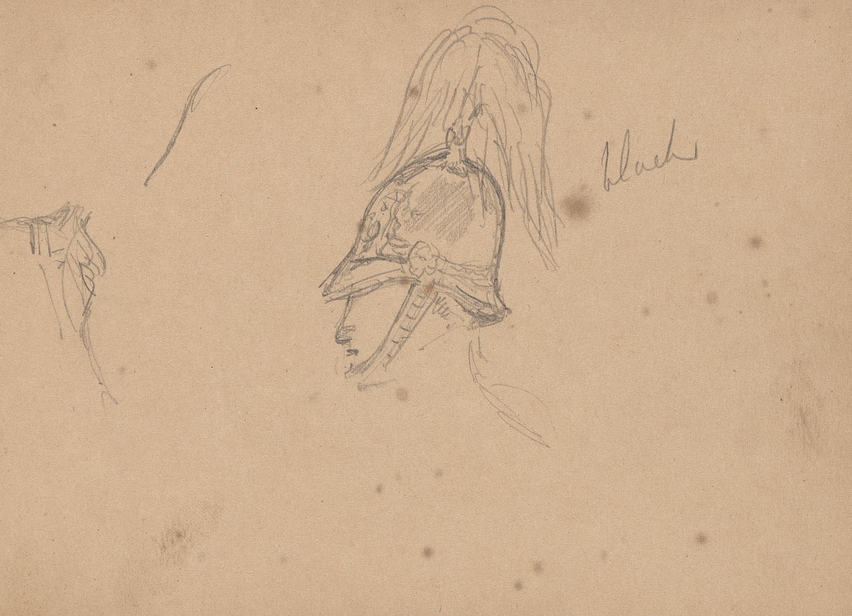 Sketch of a Soldier in a Plumed Hat with Notes on Coloring