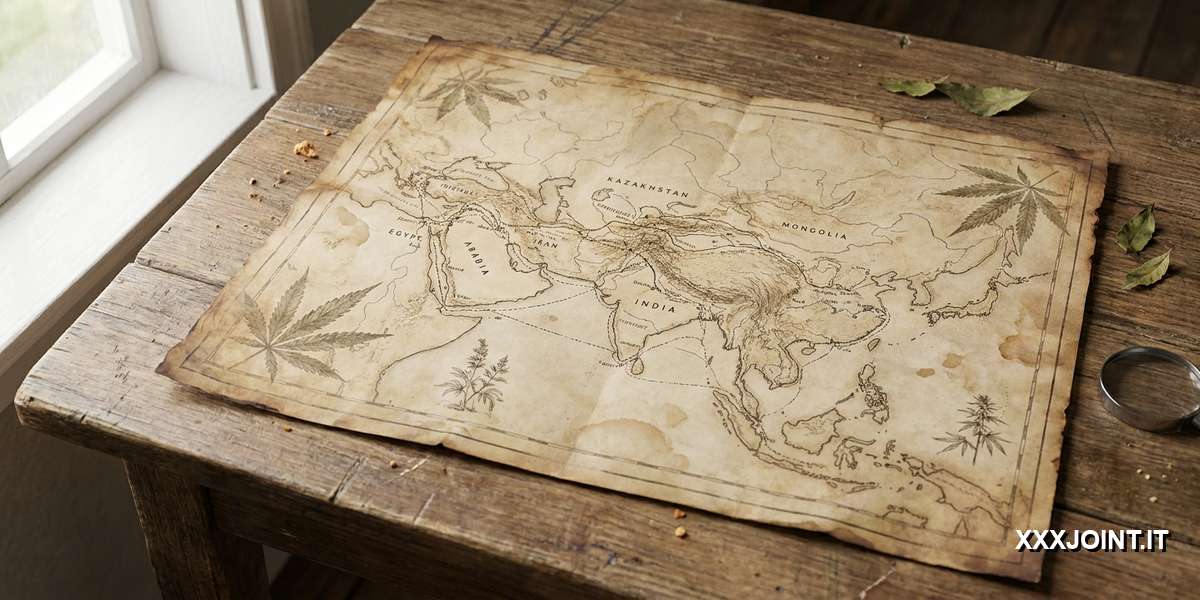 Mappa storica con rotte di diffusione della Cannabis Indica in Asia e Medio Oriente