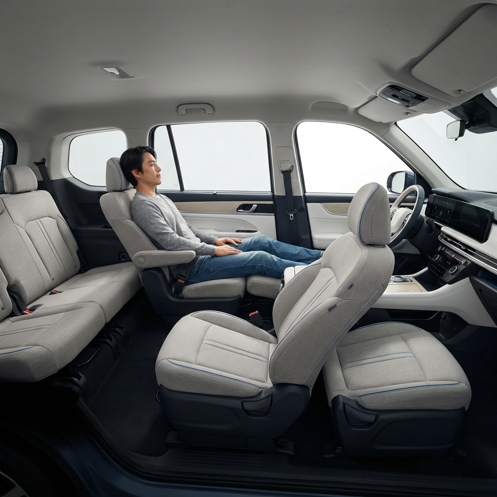 Wide interior view of a third row suv for sale showing third row seats in place and an adult in the second row to illustrate legroom and seat width minimalist clean bright white background