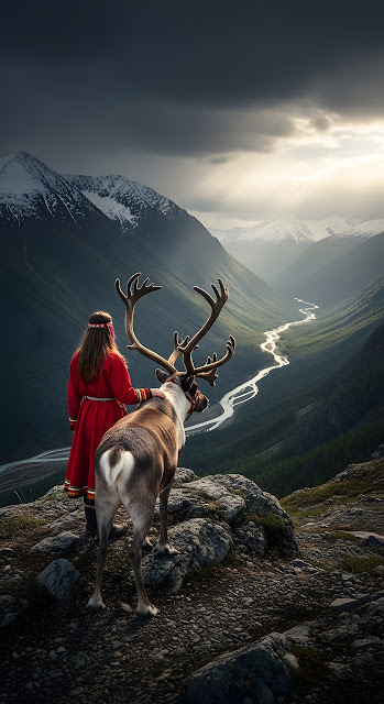 Woman and Reindeer Overlooking Vast Mountain Valley - Free mobile Wallpaper