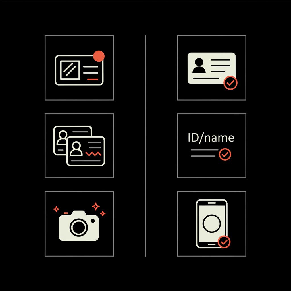 Can anyone get Meta Verified? Minimal 2D vector infographic: left column icons for rejection (glare, ID mismatch, heavy filter); right column icons for quick fixes (clear ID, match name, natural selfie).