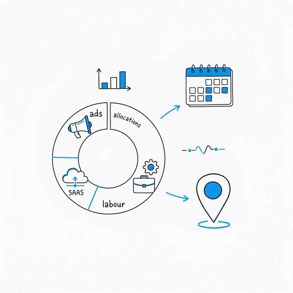 2D vector planner with a hand-drawn budget split (ads, SaaS, labour), a small calendar highlighting busy months, and arrows to a stylized map pin; white background, ink #39383f, accents #1a5bfb. google business profile cost