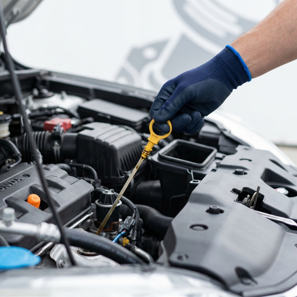 Close up of honda crv for sale engine bay showing mechanic pulling oil dipstick with gloved hand minimalist white background and CarFax Deals blue accent