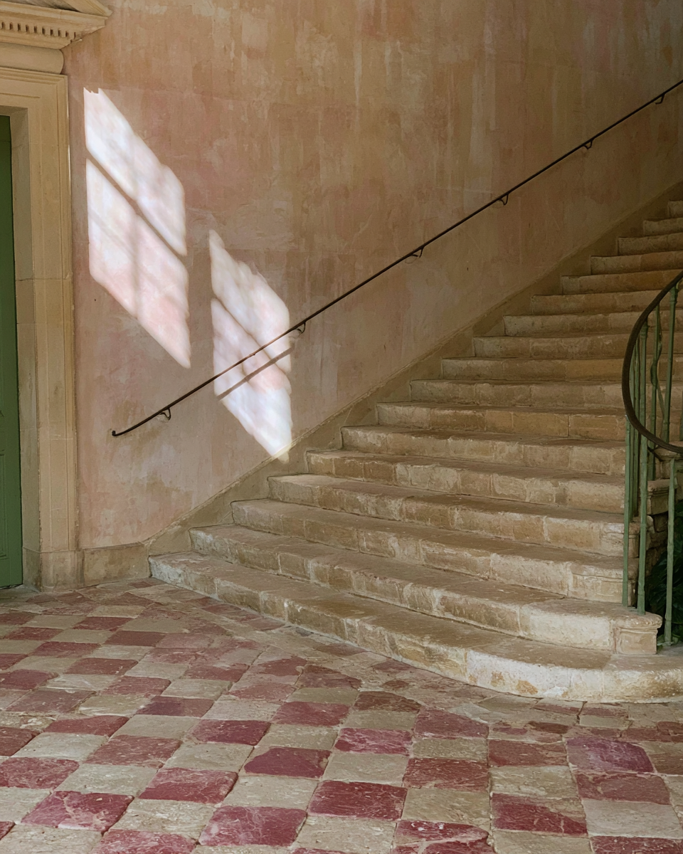 Old European stone staircase with limewashed walls and simple iron rail