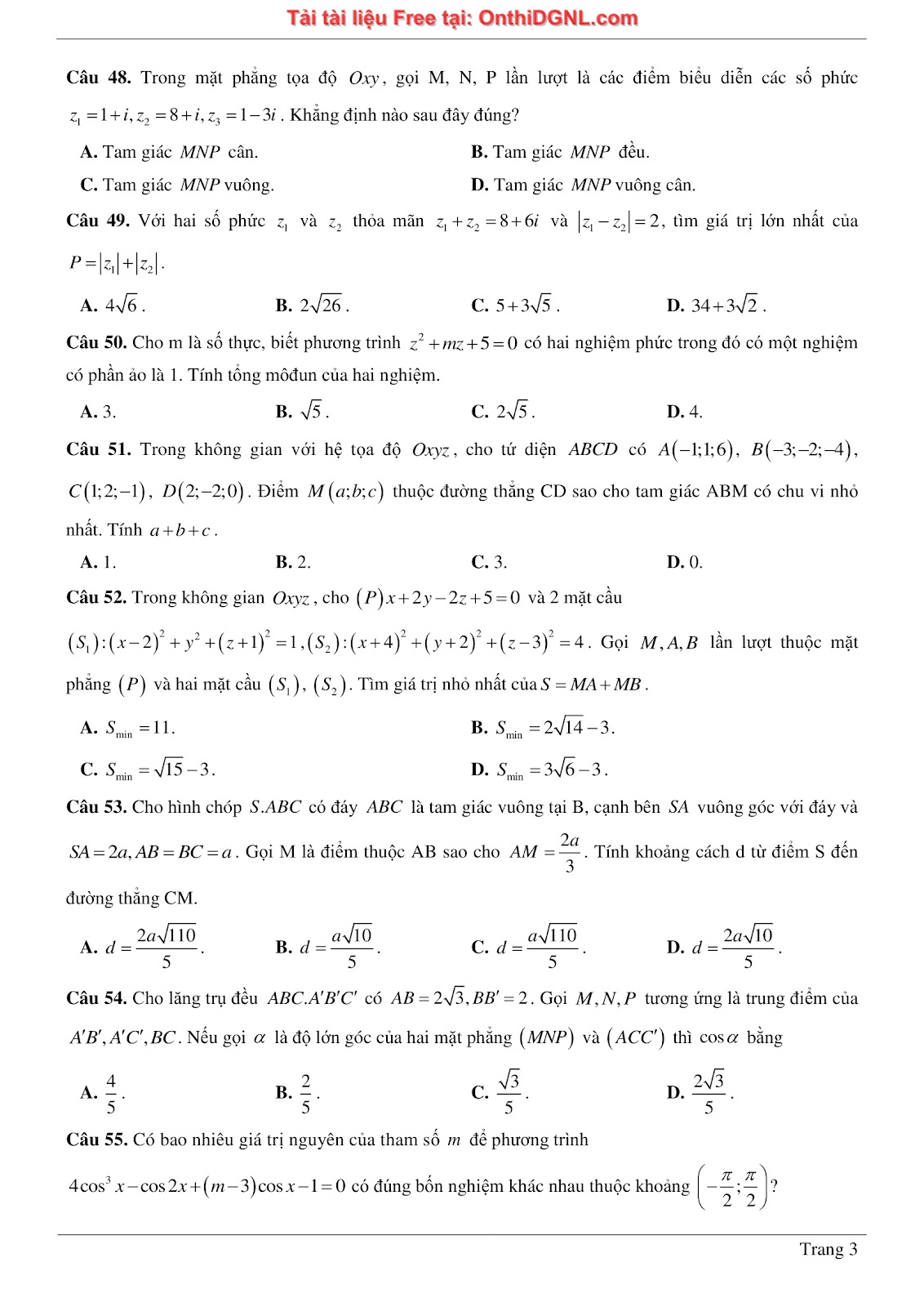 475 bài tập môn Toán - Ôn thi ĐGTD ĐH Bách Khoa Hà Nội Phần 5