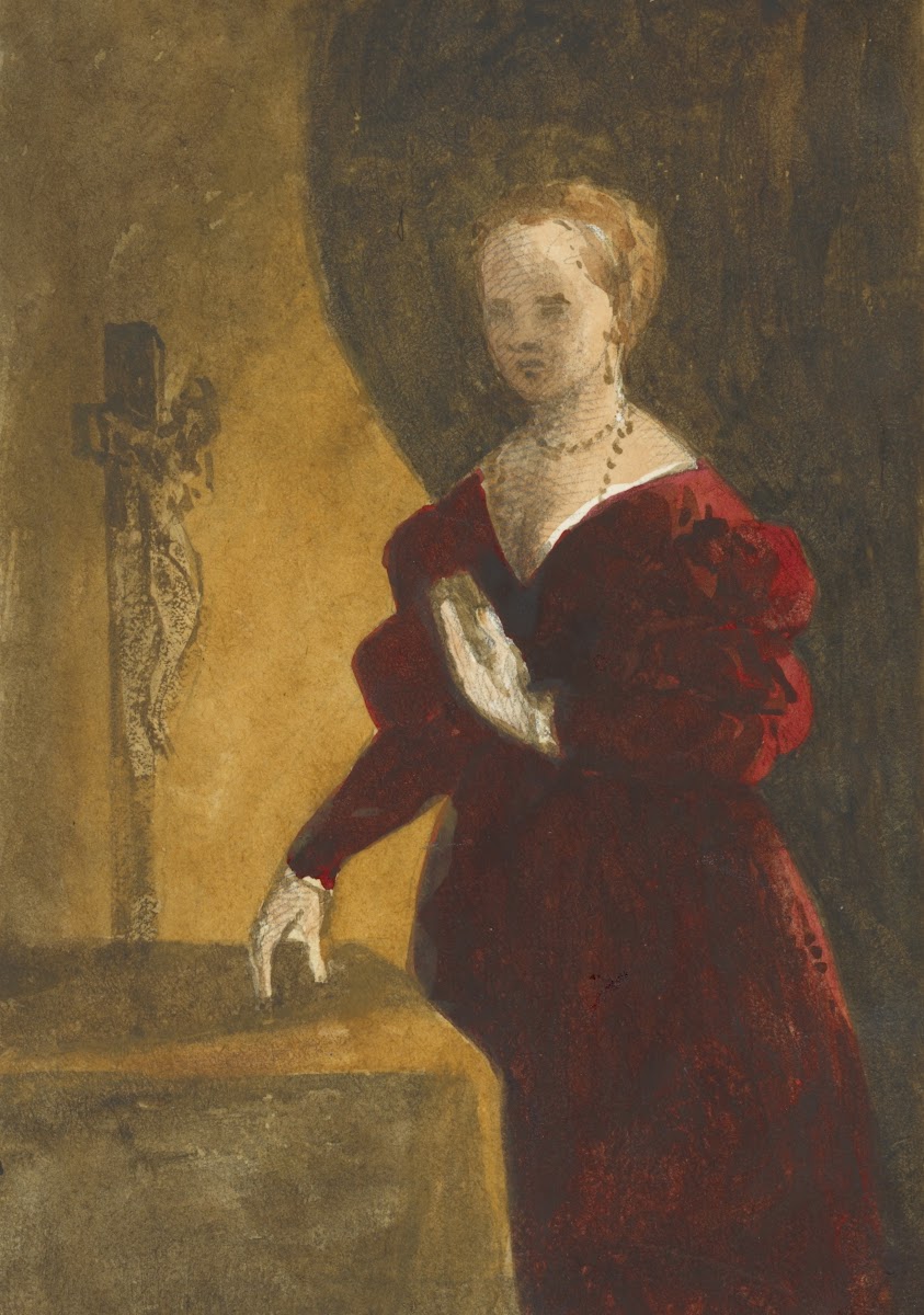 Woman in deep red dress holding a book to her chest standing next to a table beh