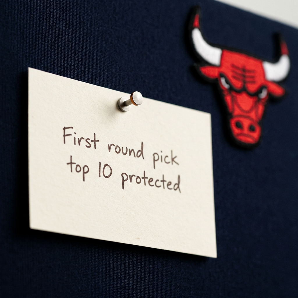 Close up draft board entry reading First round pick top 10 protected with blurred Bulls logo in background minimalist Funded Plays style bucks bulls prediction