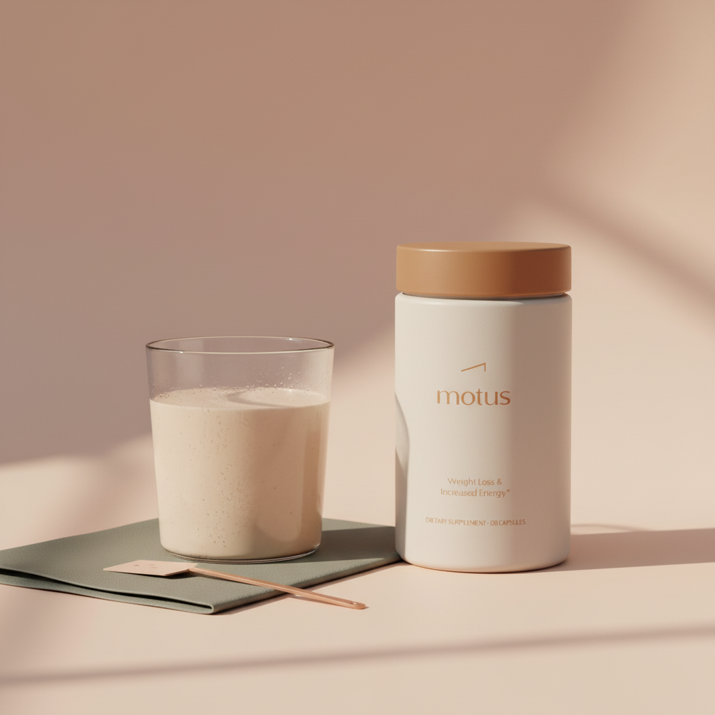 Minimal still-life of a low-carb protein shake in a glass beside a Tonum Motus jar on a soft #F2E5D5 background, highlighting the best protein shake for diabetics.