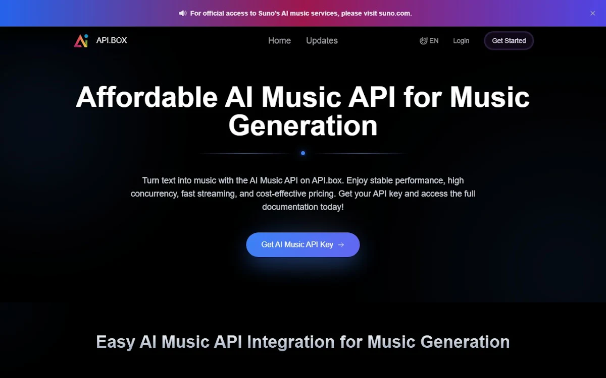 Captura de API.box: Suno API for AI Music Generation (Unofficial)