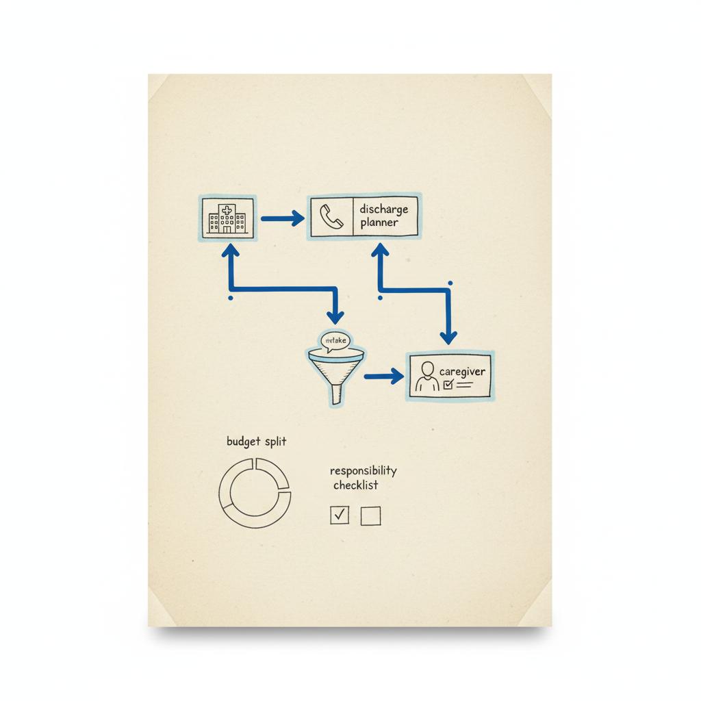 Notebook sketch of a referral flow (hospital → discharge planner → intake → caregiver) in grey ink with blue arrows and small phone, chat and checklist icons&mdash;minimalist. home care lead generation