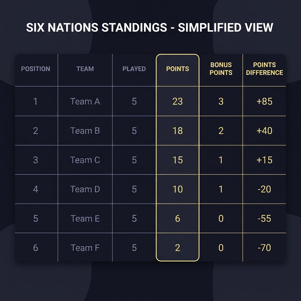 Minimalist full frame Six Nations table highlighting points bonus points and points difference columns in Funded Plays brand colors six nations odds