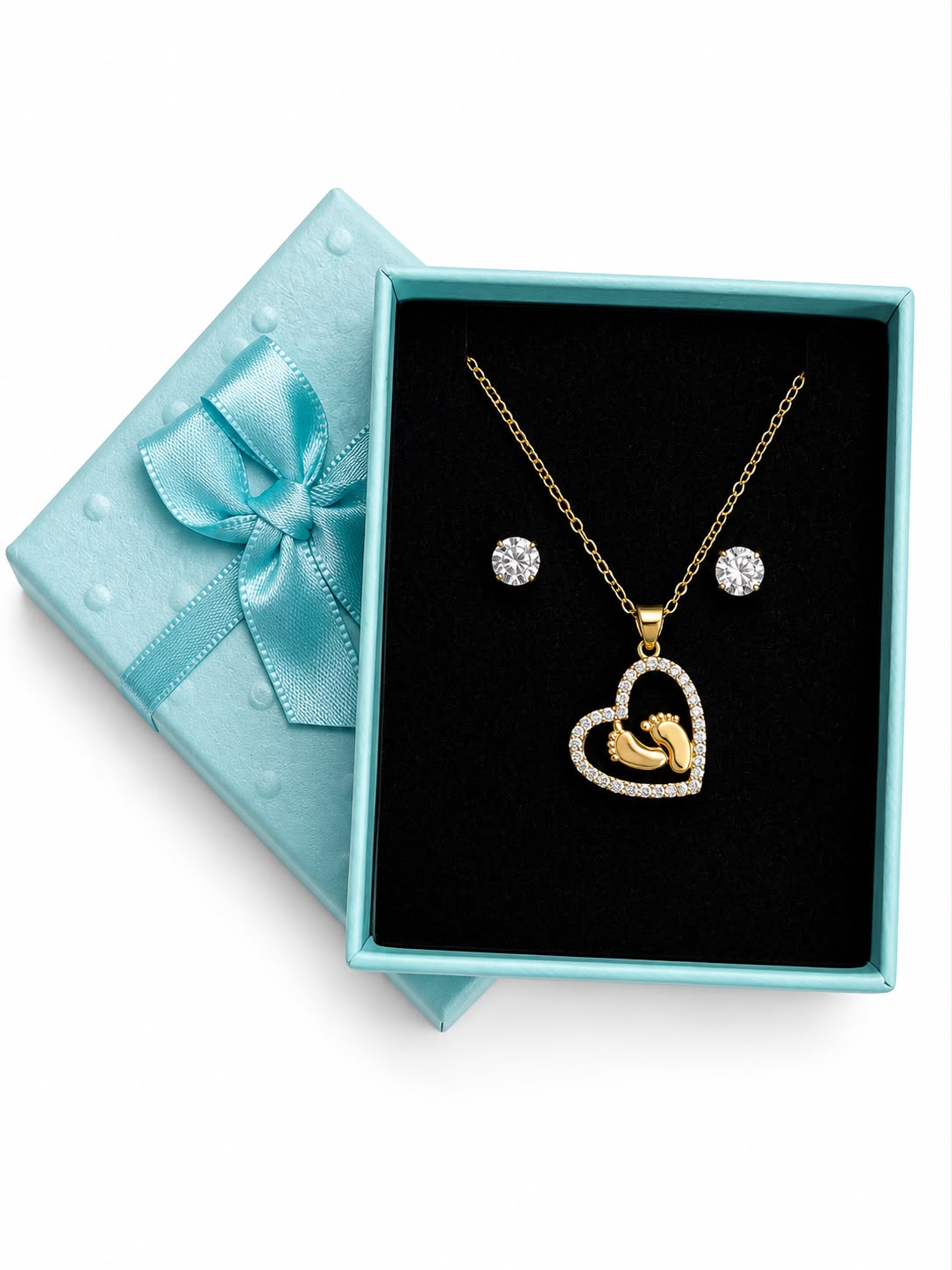 Set De Collar Corazón Con Huellitas De Bebé Y Aretes Punto De Luz