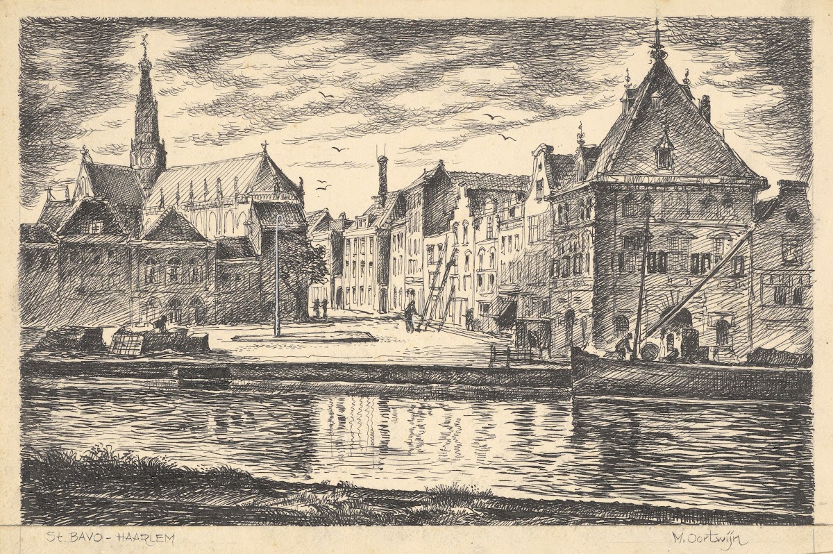 Gezicht vanaf het Spaarne op de Waag en Damstraat In de verte de Grote of Sint B