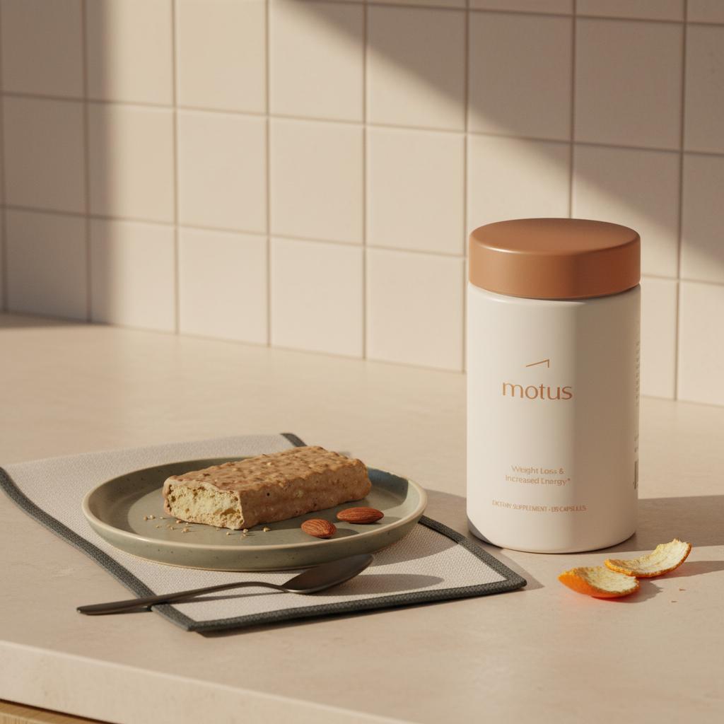 Tonum Motus bottle beside an opened protein bar and almonds on a minimalist kitchen counter illustrating what happens if I eat a protein bar every day