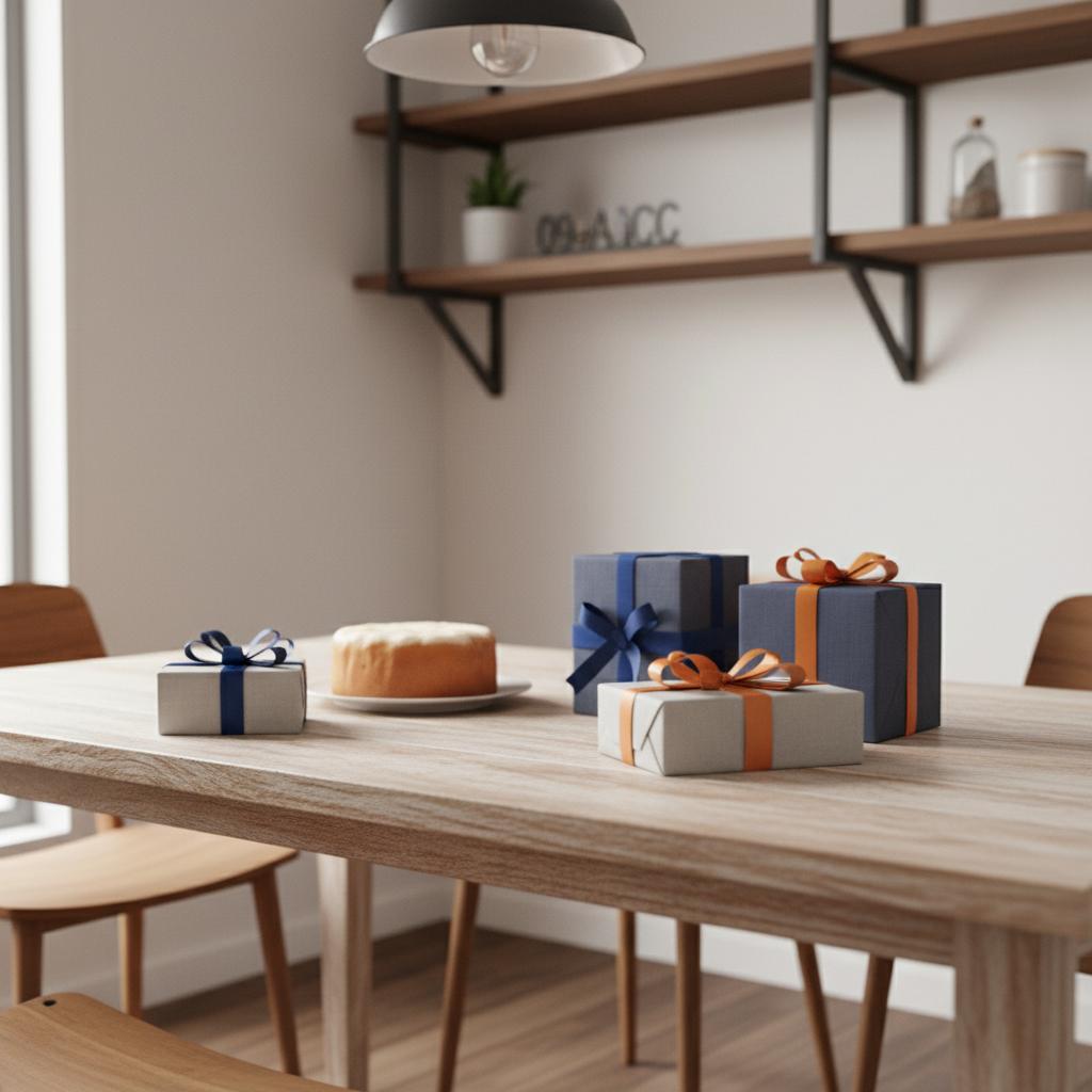geschenkideen für senioren: minimalistisches Esszimmer mit Holztisch, mehreren verpackten Geschenken und einfachem Vanillekuchen, warmes Licht, Steelmonks-Farben