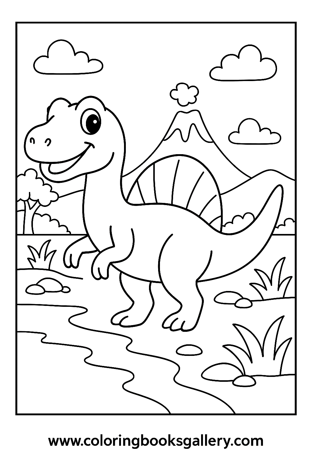 Easy Spinosaurus Near The River Coloring Page For Toddlers – free coloring page for kids