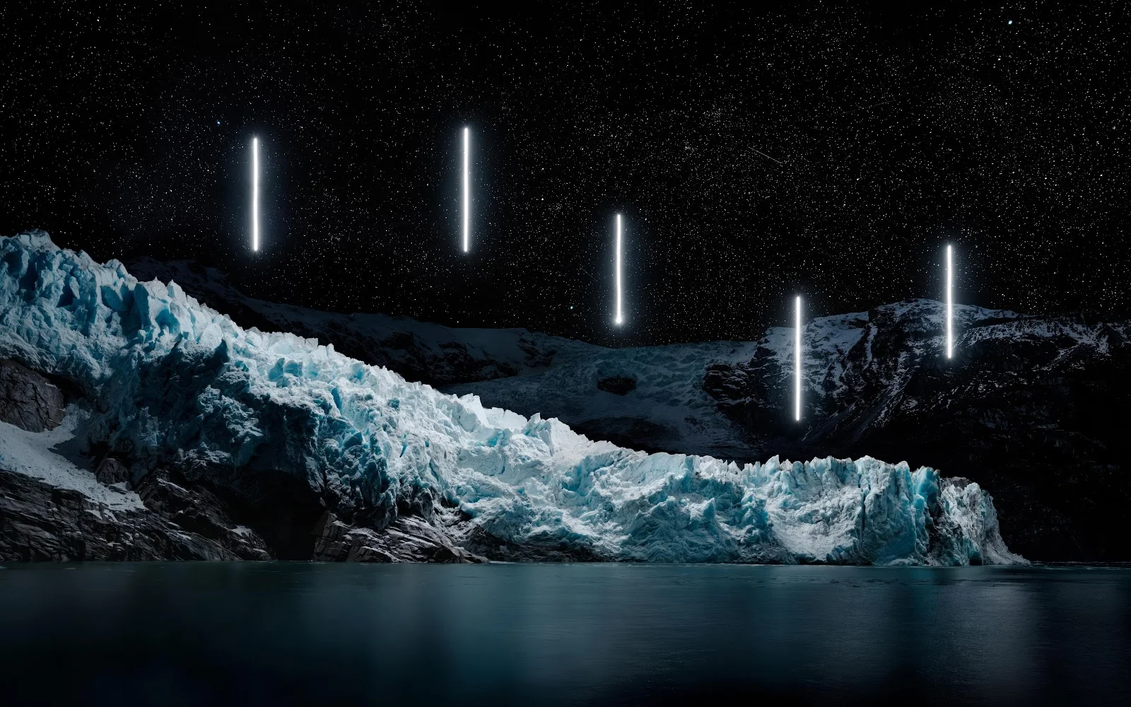 Glowing Lights Over Frozen Glacier - Surreal Digital Art 5K Wallpaper (5200x3250)
