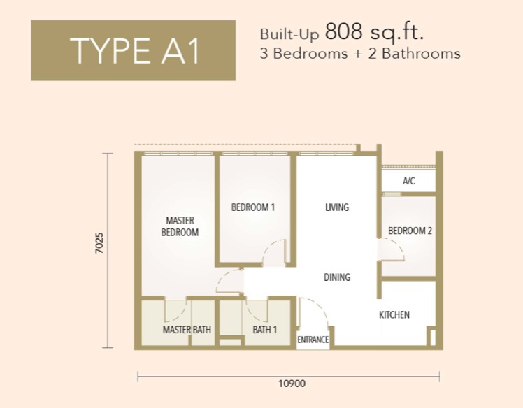 The Maple Residences Type A1 floor plan — 808 sq ft, 2 bedrooms