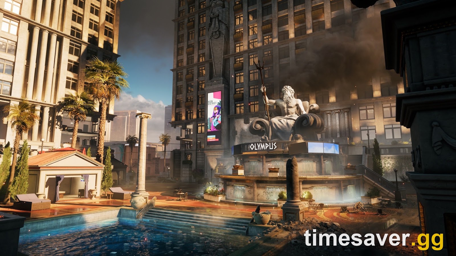 Battlefield 6 screenshot of the Olympus courtyard on Vegas Strip with a seated classical statue holding a trident, a fountain, swimming pool, columns and cabanas