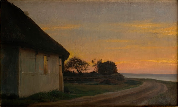 Evening lanscape with a house and garden by the sea Ellekilde 1880