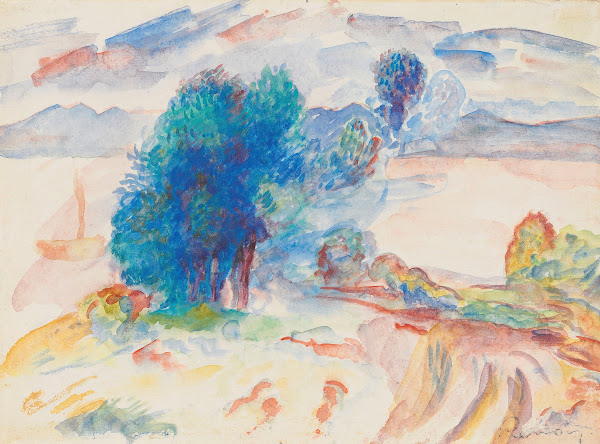 Arbres au bord de leau et voilier circa 1895