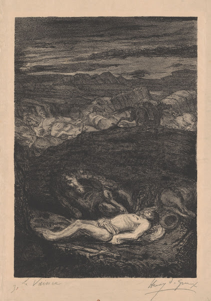 Lichaam van een man in een landschap met paarden 1877   1930