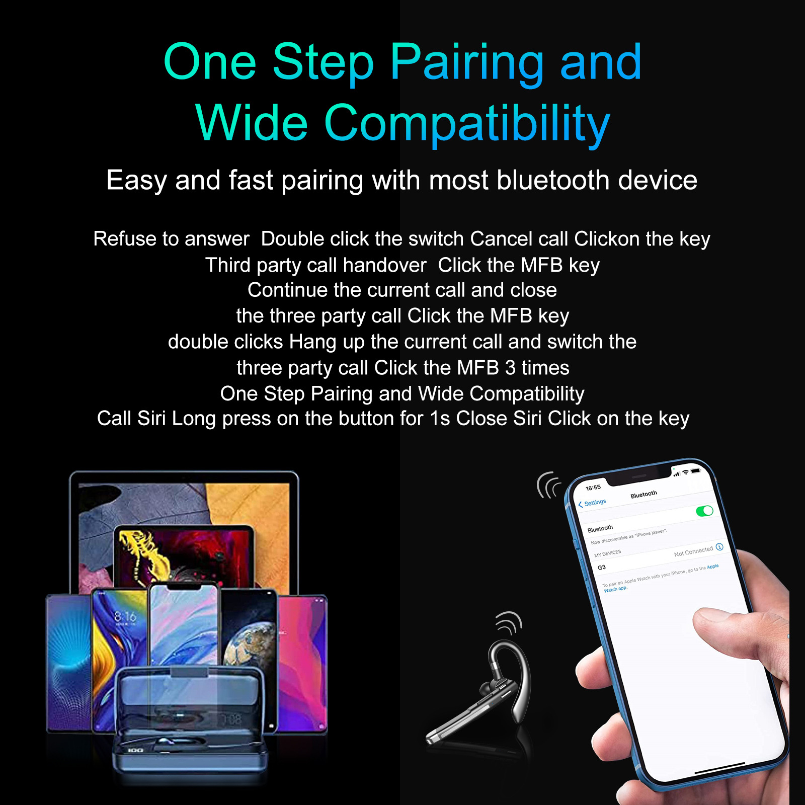 Bluetooth Earpiece YYK-520, Hands-Free Headset, Long Battery Life