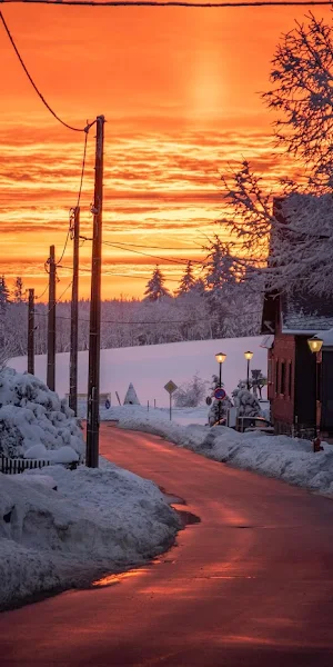 Winter Landscape, Snowy Village, Sunset Sky, Scenic View 5K Wallpaper Background