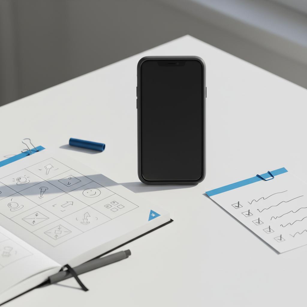 Close-up white desk with vertical phone, storyboard thumbnails for 10&ndash;15s videos and a checklist, blue-accent props and gray sketches conveying TikTok ads for small business.