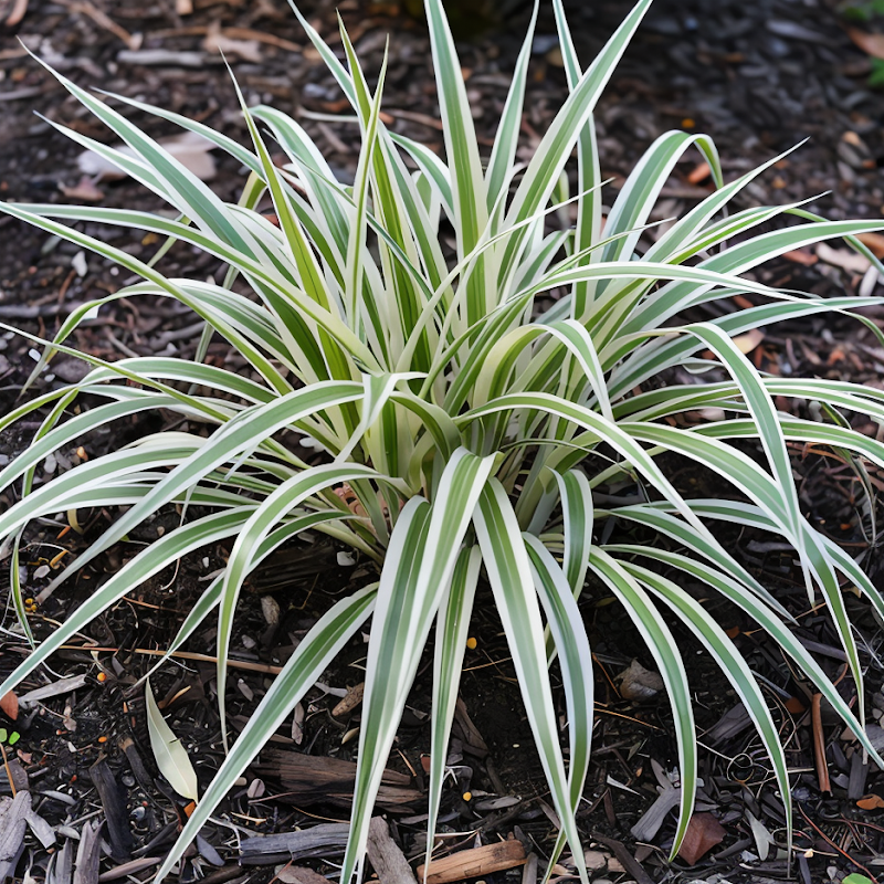 Hakonechloa macra 'Albostriata' in un giardino zen con foglie striate bianche.