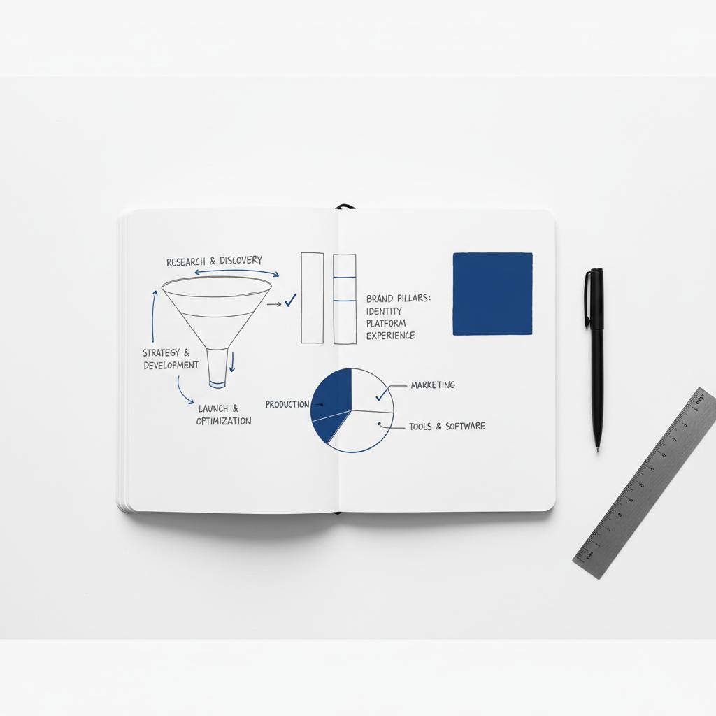 Top-down white desk flatlay of an open notebook with brand-mapping sketches&mdash;funnels, brand pillars, budget pie and a #1a5bfb swatch&mdash;pen and ruler, minimalist branding cost planning.