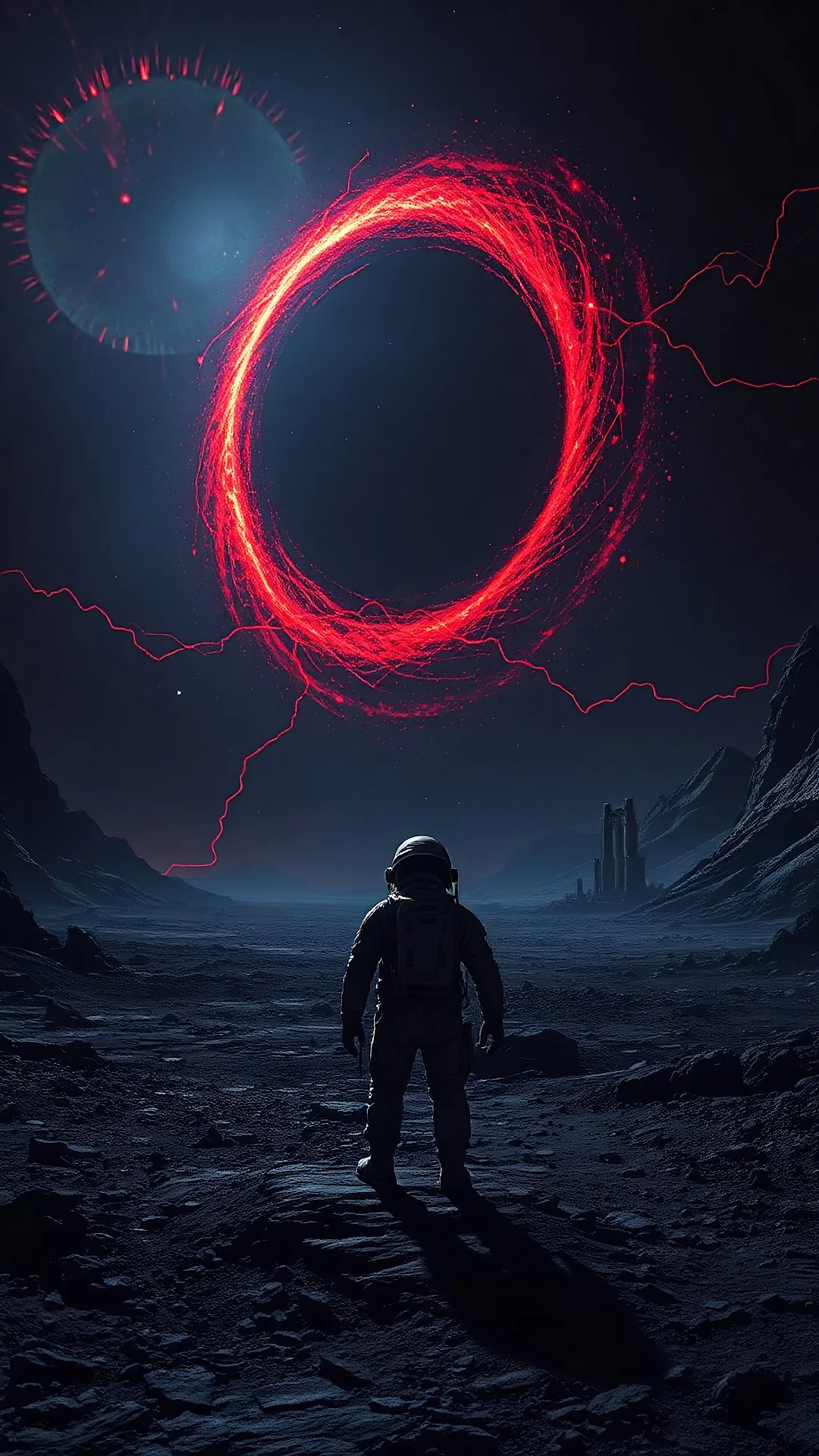 Astronaut Before Glowing Red Cosmic Ring - Free 4K mobile Wallpaper